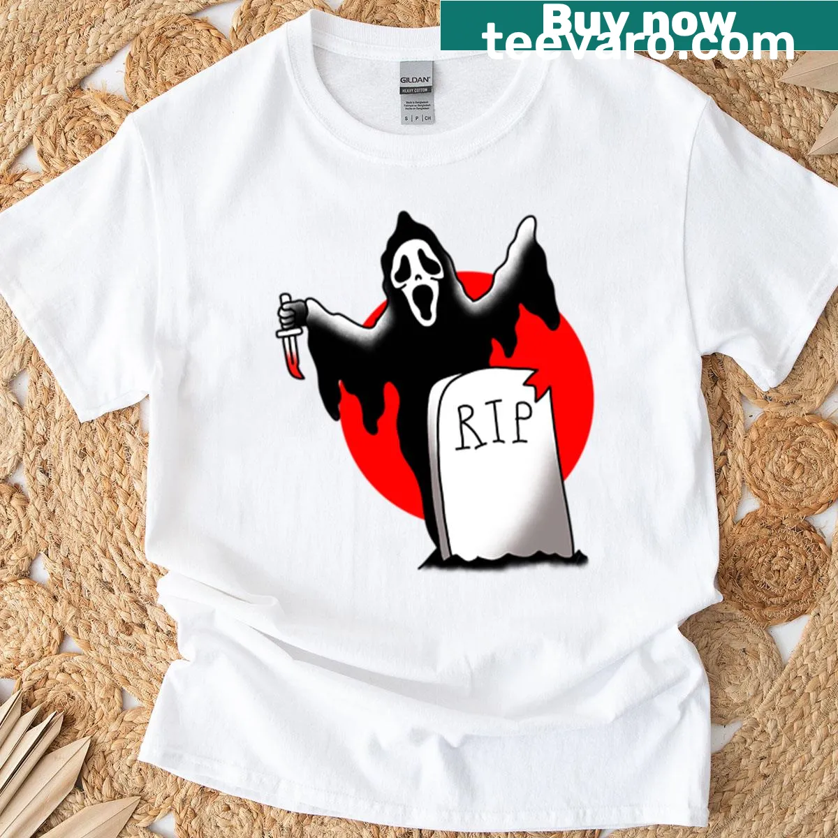 Ghostface mask graphic t-shirt for horror fans — on a men's t-shirt