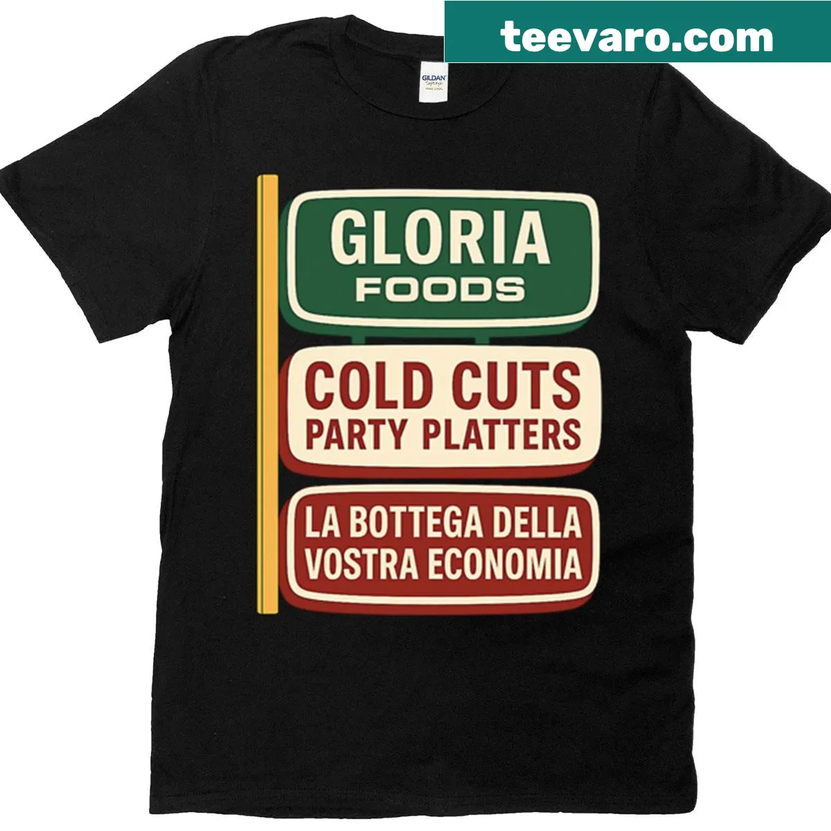 Illustration of Gloria Foods sign for tribute T-shirt — on a men's t-shirt