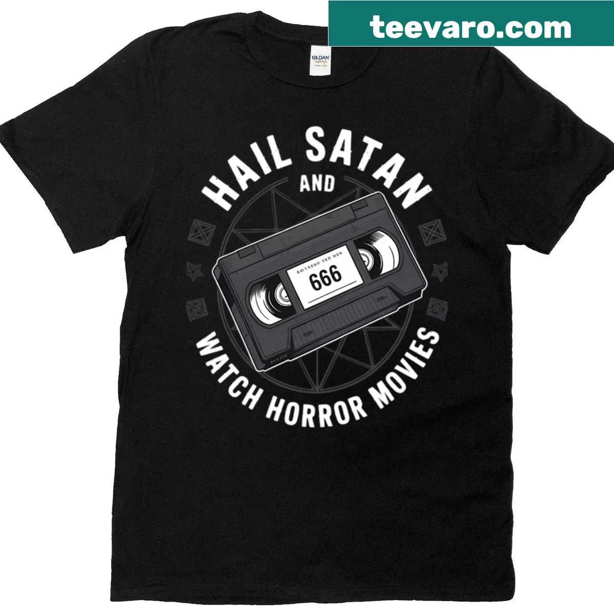 Funny T-shirt with Baphomet design and horror movie slogan — on a men's t-shirt