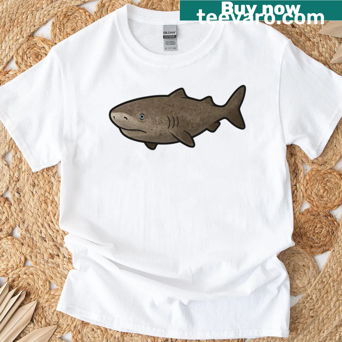 Greenland shark graphic on a deep-sea themed t-shirt — on a men's t-shirt