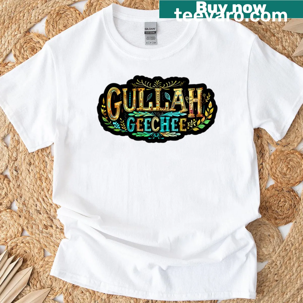 T-shirt with embroidered patch representing Gullah-Geechee culture. — on a men's t-shirt
