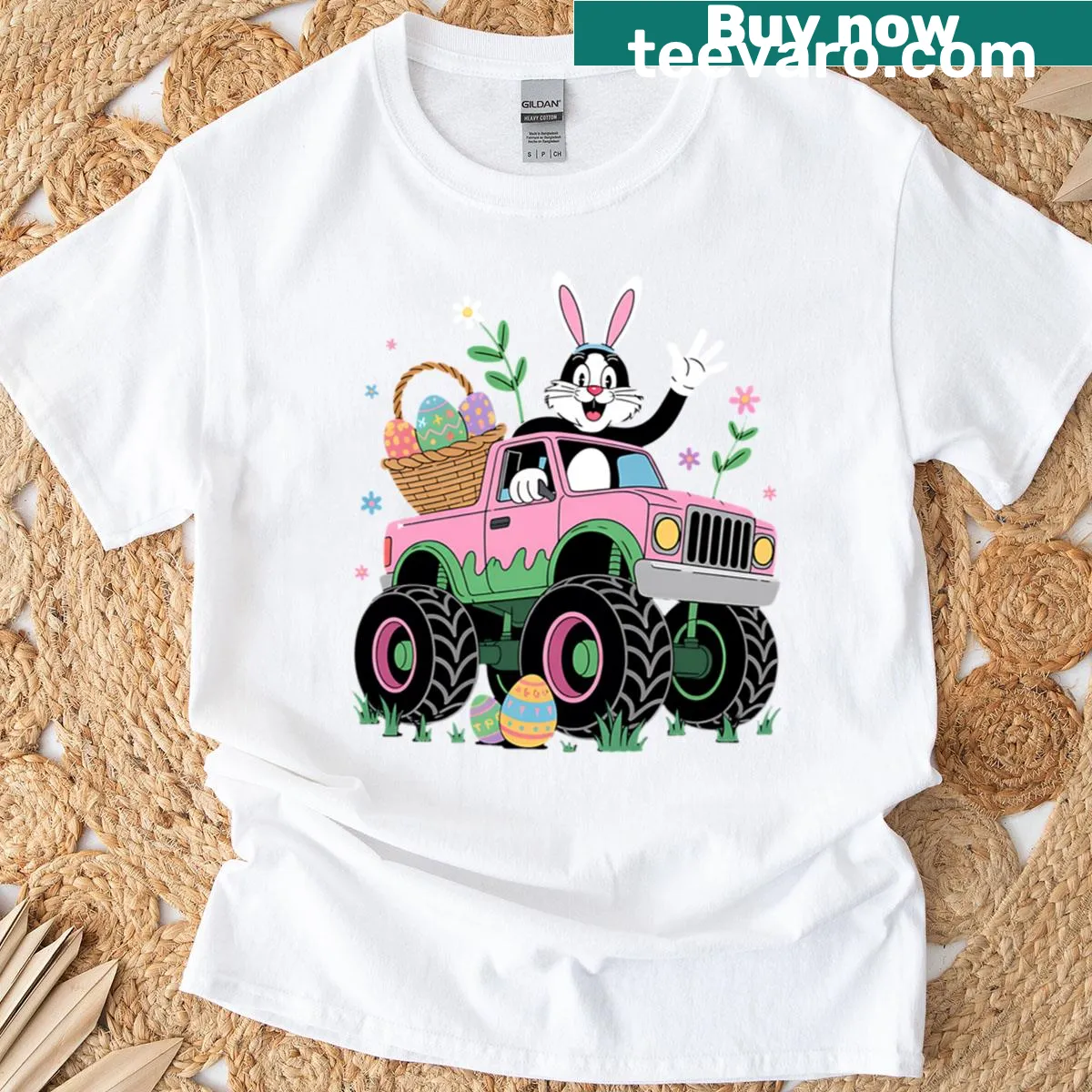 Easter-themed T-shirt with a cat riding a monster truck — on a men's t-shirt