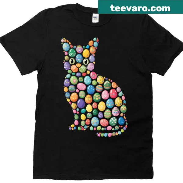 Funny Easter cat and eggs graphic on T-shirt
