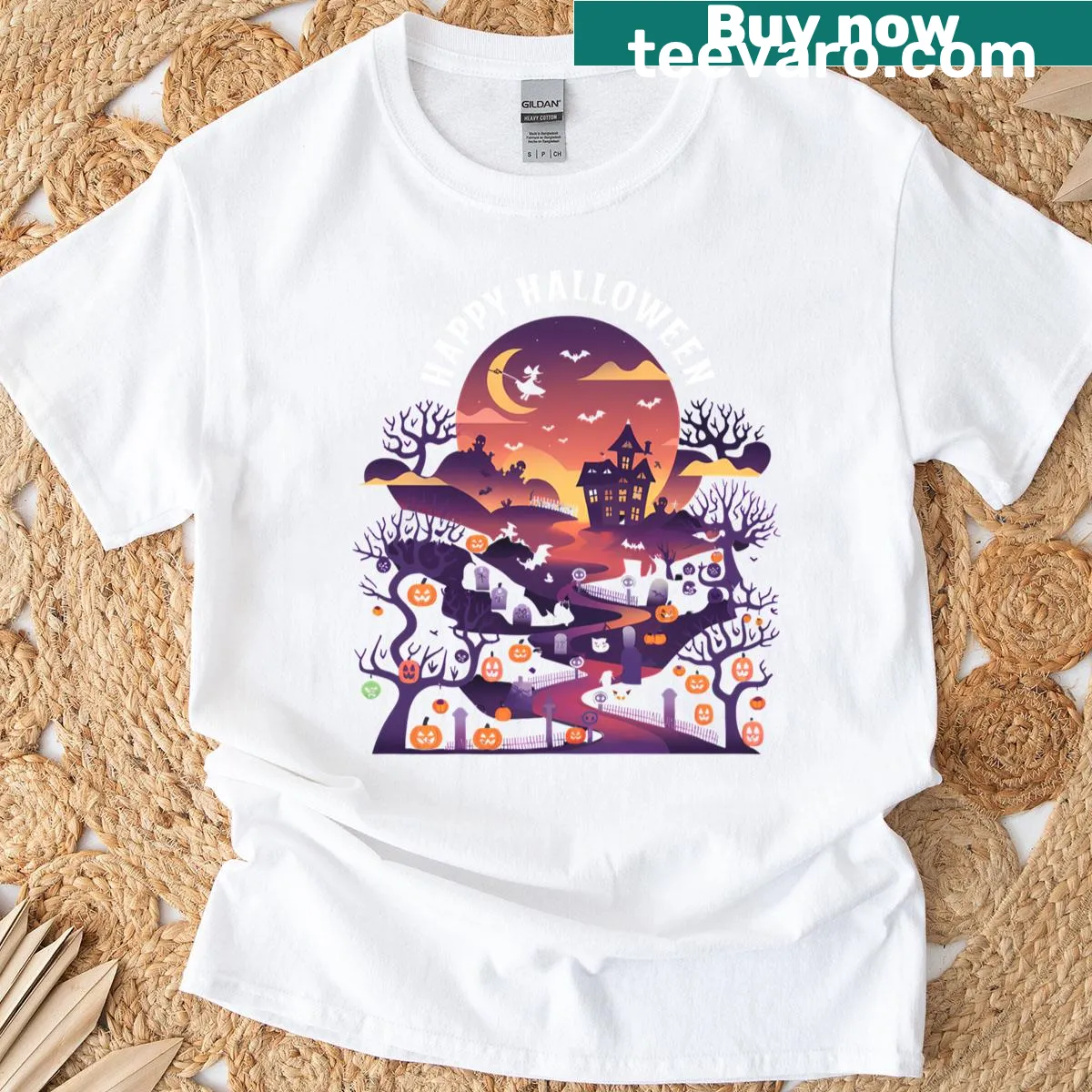 Charming Halloween t-shirt with friendly ghosts and pumpkins for all ages — on a men's t-shirt