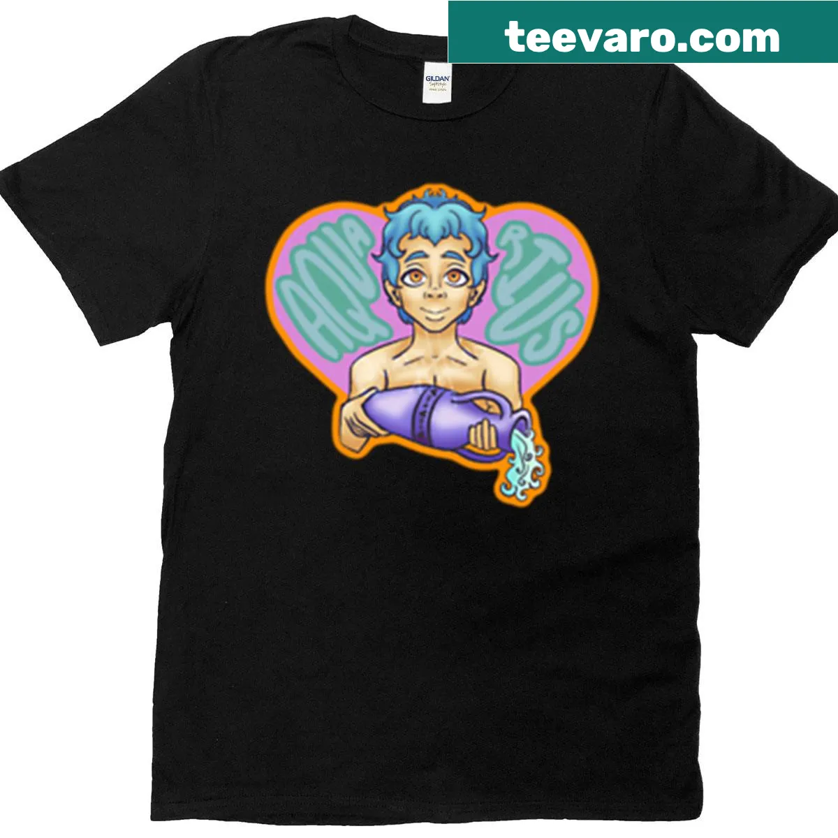 Aquarius-themed T-shirt with heart graphic — on a men's t-shirt