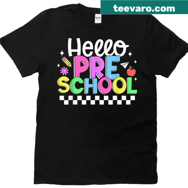 Cute 'Hello Preschool' t-shirt for kids with joyful illustrations