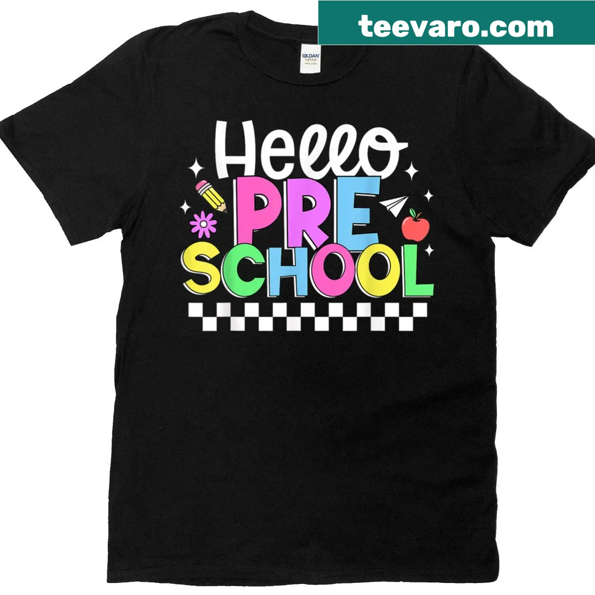 Cute 'Hello Preschool' t-shirt for kids with joyful illustrations — on a men's t-shirt