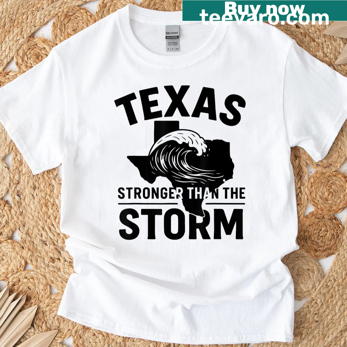 Bold typography T-shirt stating 'Stronger Than The Storm' — on a men's t-shirt
