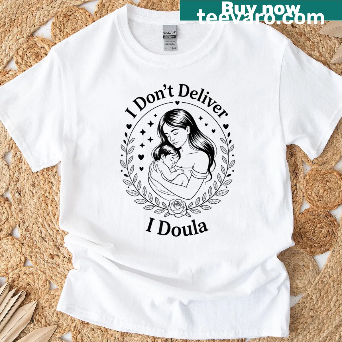 Funny doula T-shirt with humorous text about birth work — on a men's t-shirt
