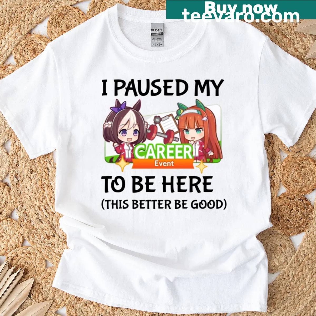 Humorous gaming T-shirt with 'I Paused My Umamusume Career' text — on a men's t-shirt