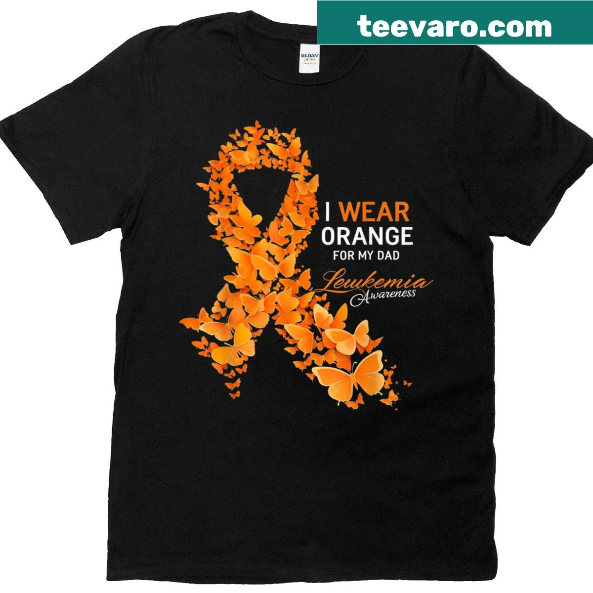 Supportive leukemia awareness t-shirt with an orange theme for dad — on a men's t-shirt