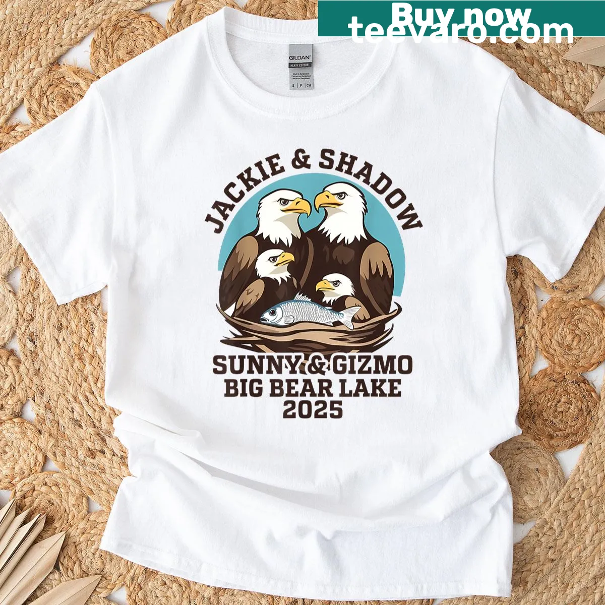Illustration of Big Bear Lake featuring characters Jackie, Shadow, Sunny, and Gizmo — on a men's t-shirt
