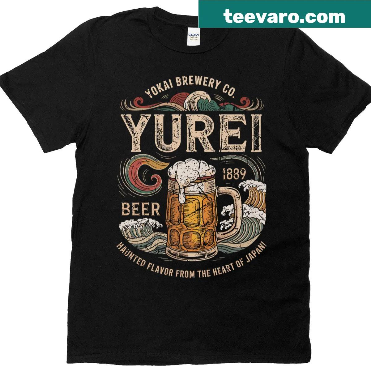 Vintage-style T-shirt with Japanese yurei spirits and beer design — on a men's t-shirt