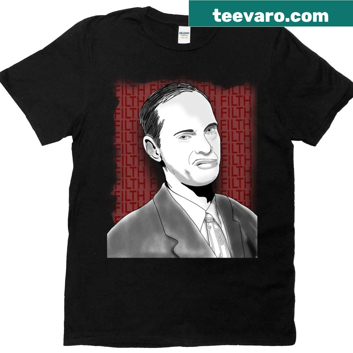 T-shirt featuring John Waters and the word 'Filth' — on a men's t-shirt
