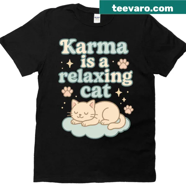 Vintage-style tee with 'Karma Is A Relaxing Cat' phrase
