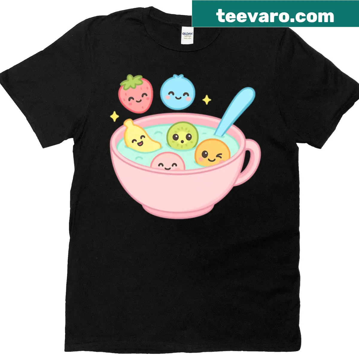 Cute t-shirt featuring a cereal bowl with floating fruits and marshmallows — on a men's t-shirt