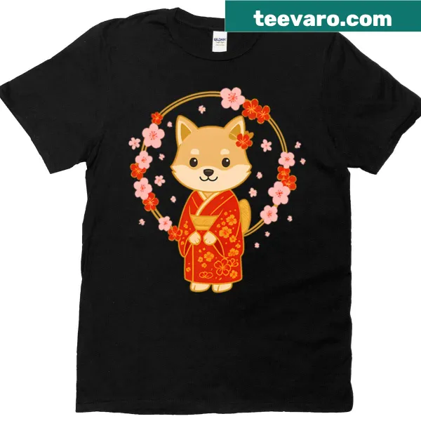 Kawaii Shiba Inu in kimono surrounded by cherry blossoms T-shirt