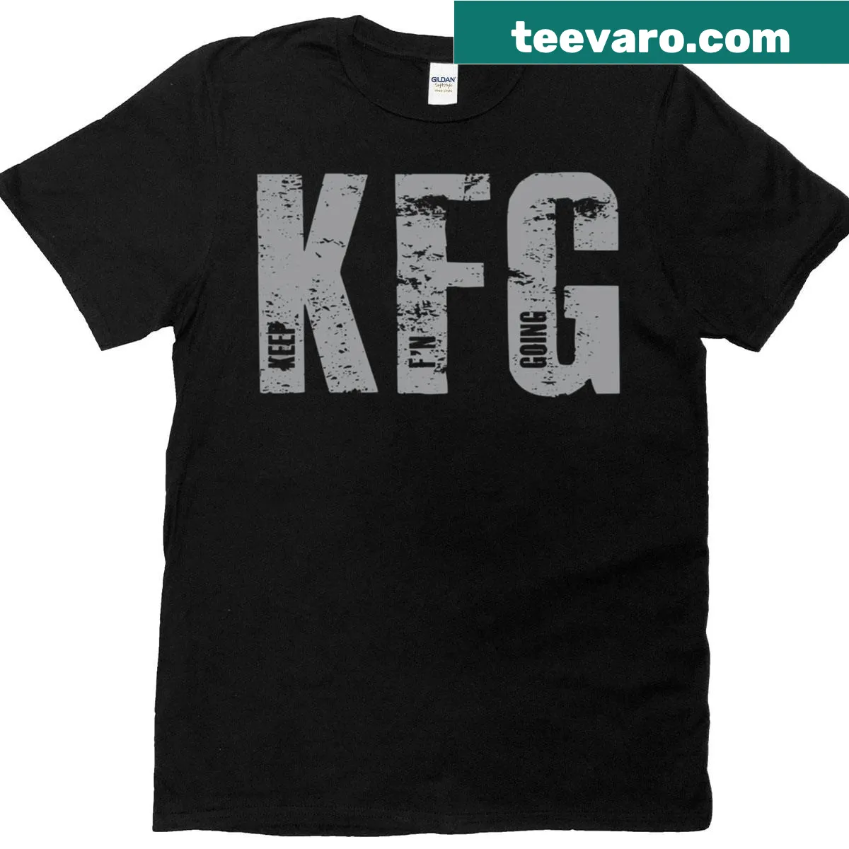Bold 'Keep Fn Going' military-style typography T-shirt — on a men's t-shirt