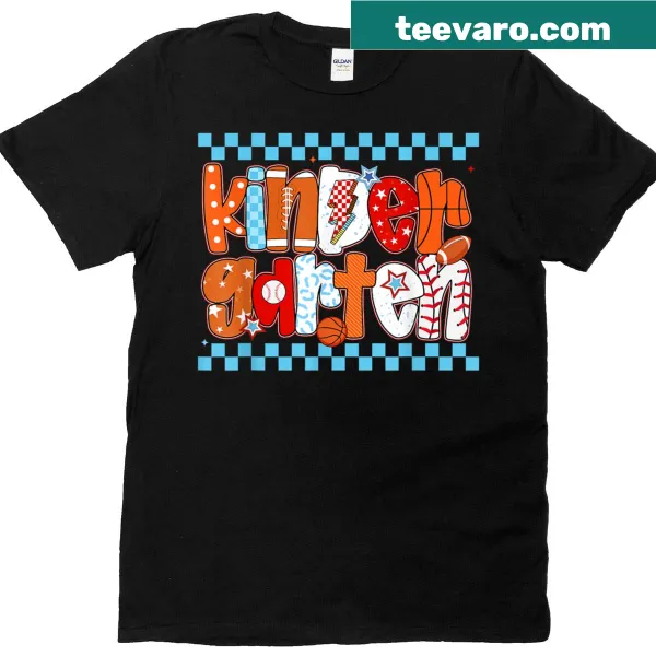 Illustrated football and baseball graphics on a boys' back-to-school T-shirt