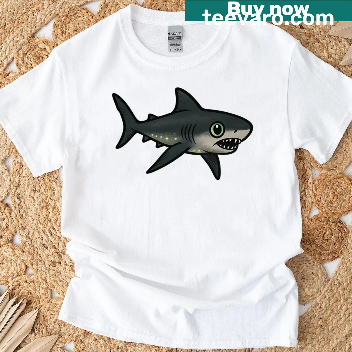 Realistic t-shirt showcasing a bioluminescent lantern shark design — on a men's t-shirt