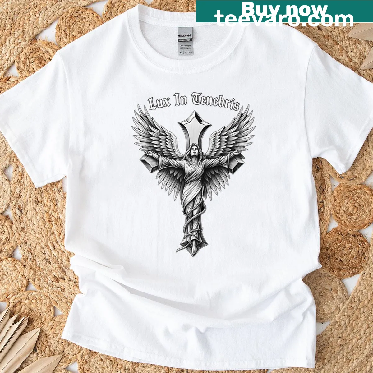 Inspirational typography shirt featuring 'Lux In Tenebris' text design — on a men's t-shirt