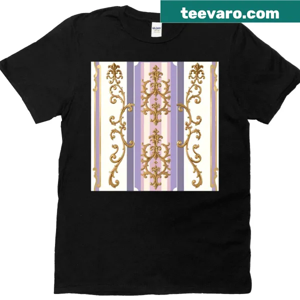 Abstract typography design with lilac and gold baroque elements on t-shirt.