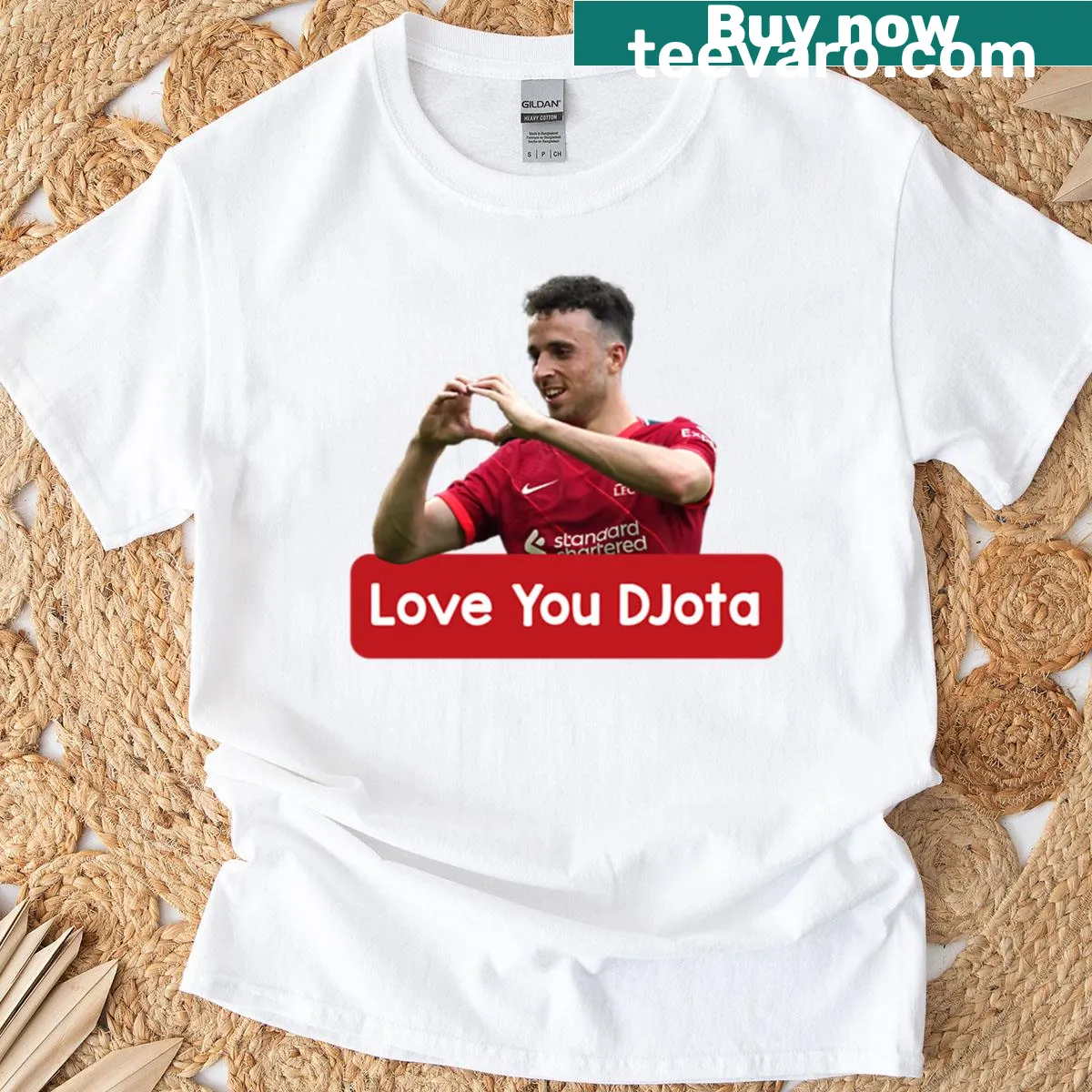 Cheerful t-shirt with 'Love You Diogo Jota' sticker-style graphic — on a men's t-shirt