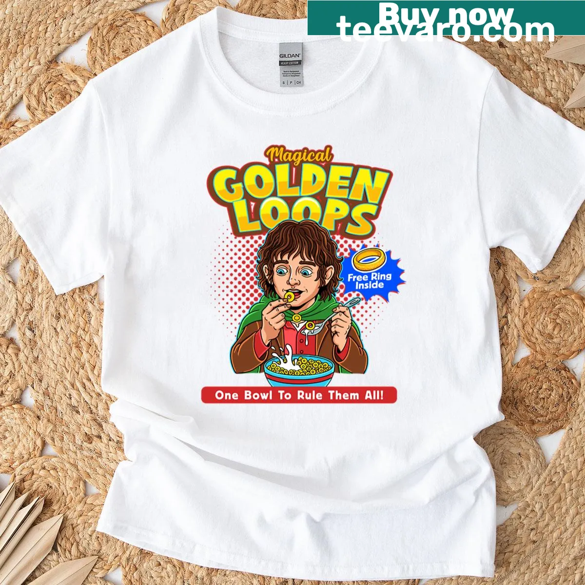 Whimsical t-shirt featuring enchanting golden loops design — on a men's t-shirt