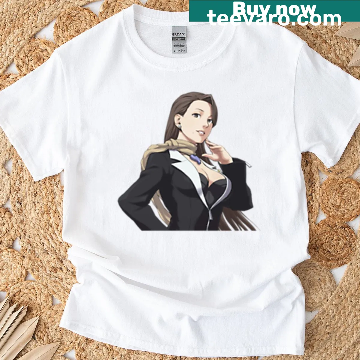 Illustrated portrait of Mia Fey on a t-shirt — on a men's t-shirt