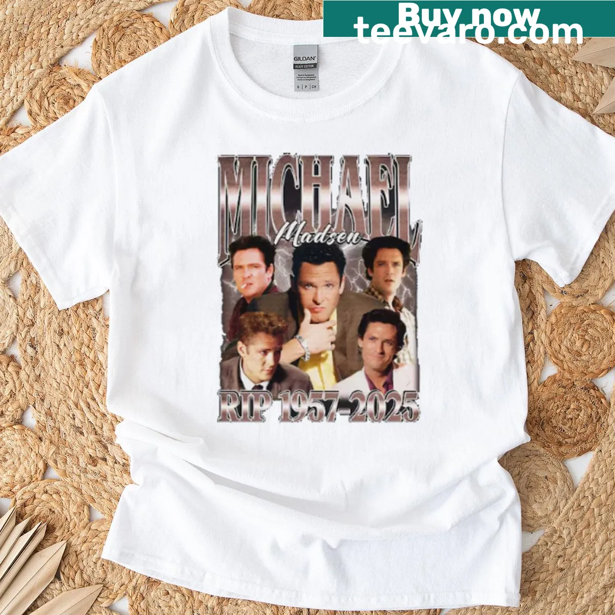 Tribute t-shirt for Michael Madsen with RIP text and dates — on a men's t-shirt