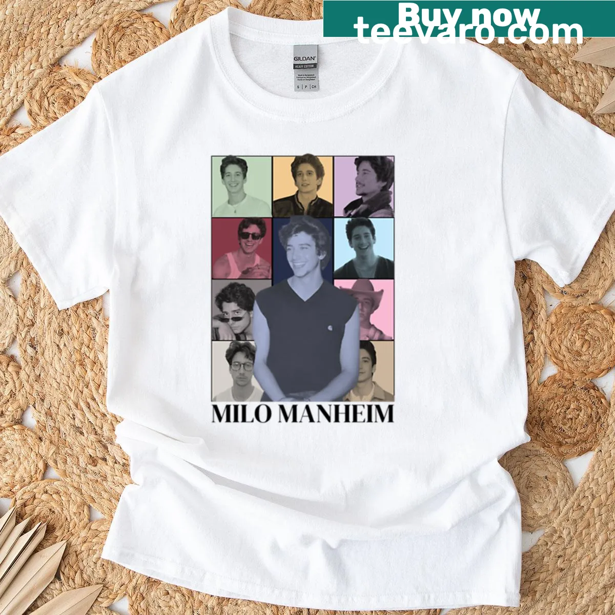 Illustrated t-shirt featuring Milo Manheim and his projects — on a men's t-shirt
