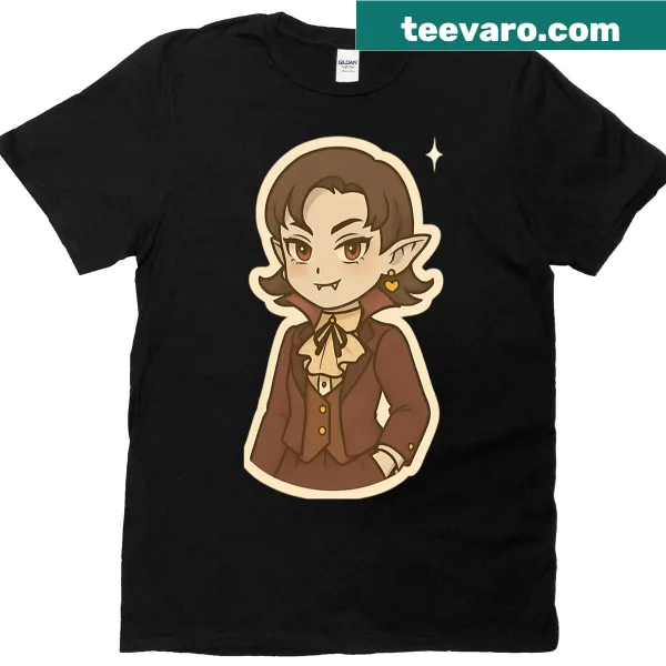 Illustrative T-shirt featuring a mischievous vampiress design