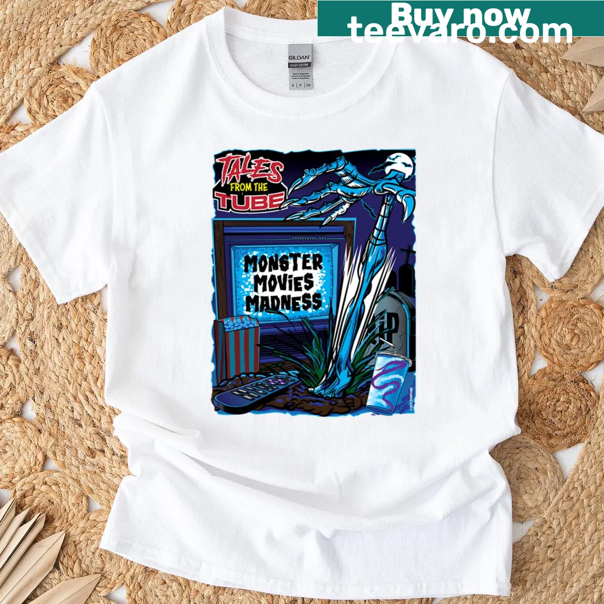 Graphic celebrating classic monster movies on a t-shirt — on a men's t-shirt