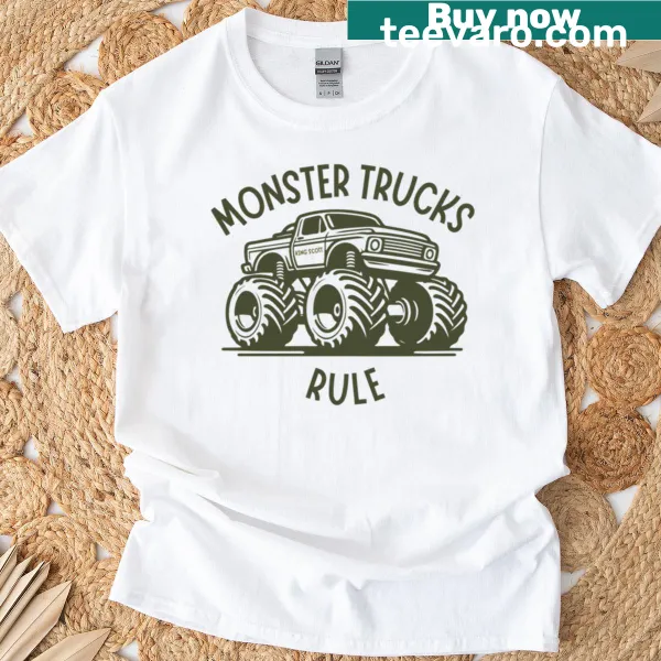 Illustration of monster trucks in action on playful t-shirt