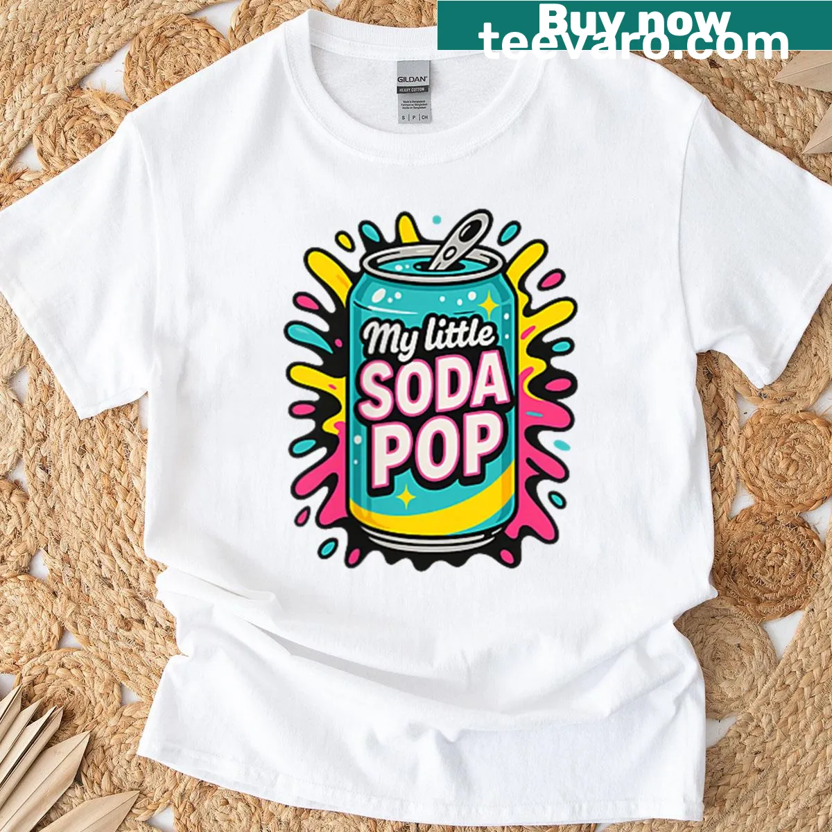 Retro-themed T-shirt featuring soda pop graphics in playful design — on a men's t-shirt