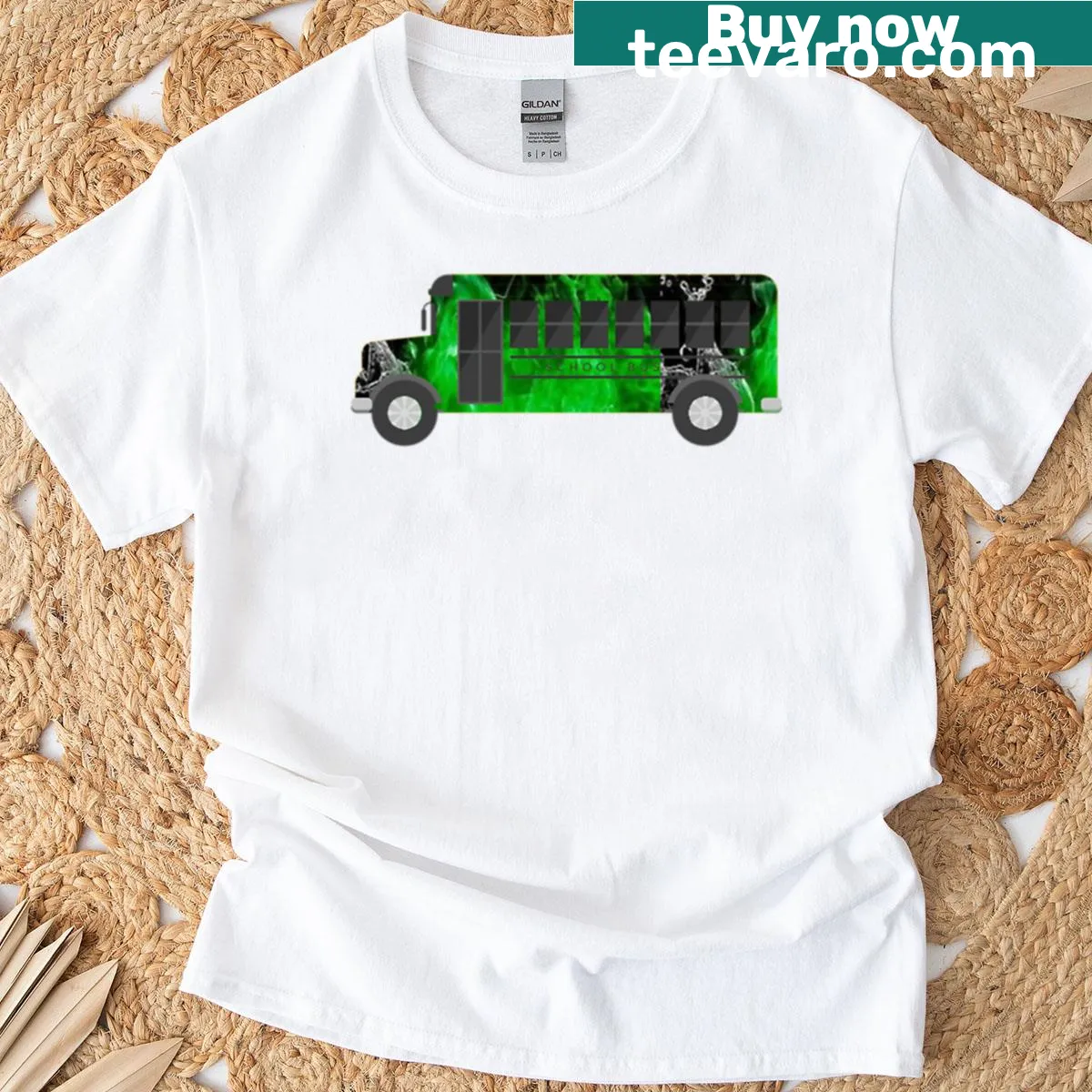 Illustration of a neon green bus on a T-shirt — on a men's t-shirt