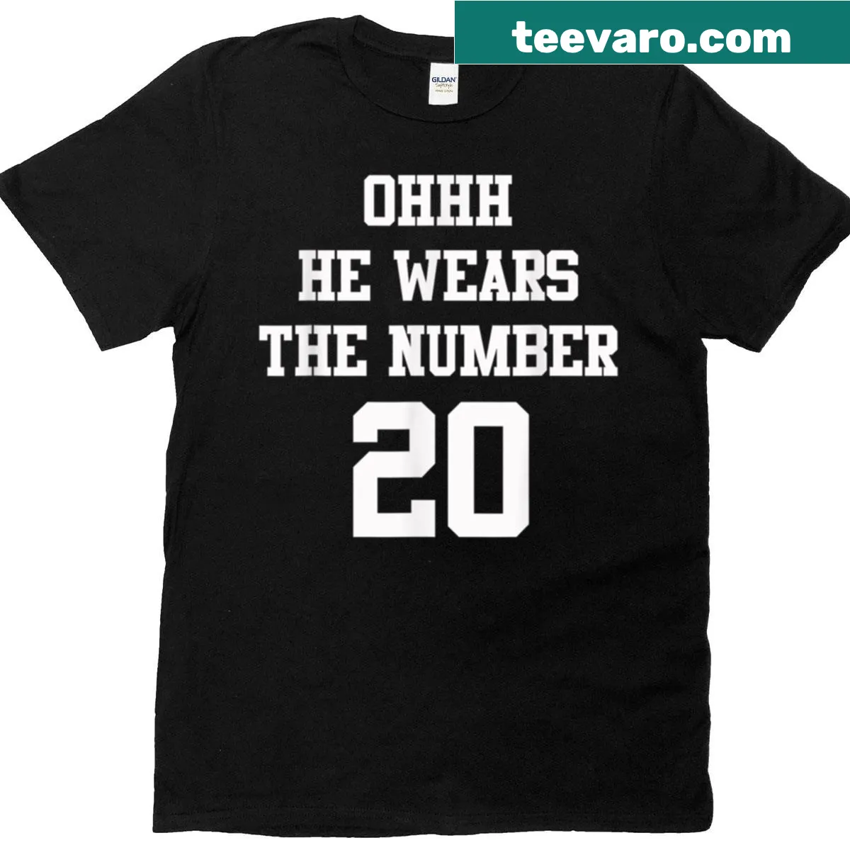 Football T-shirt featuring the phrase 'Oh He Wears The Number 20' — on a men's t-shirt