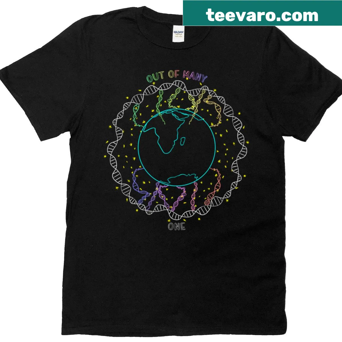Typographic design featuring the phrase 'Out Of Many One' on a T-shirt — on a men's t-shirt