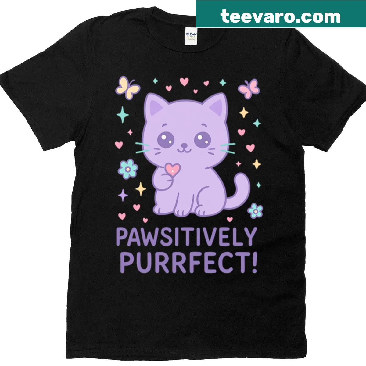 Cute cat pun t-shirt with 'Pawsitively Purrfect' text — on a men's t-shirt