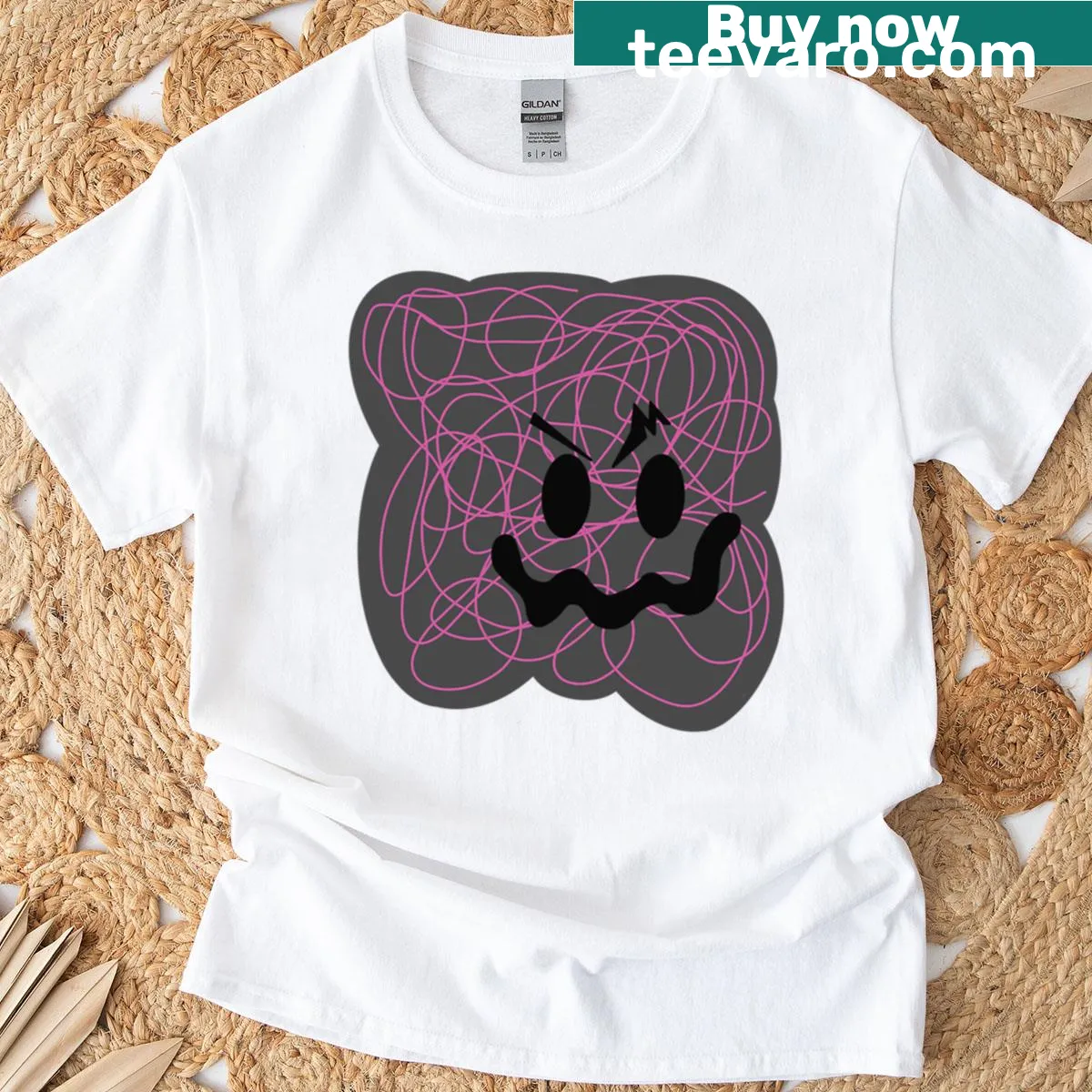 Playful T-shirt with a whimsical crazy face illustration — on a men's t-shirt