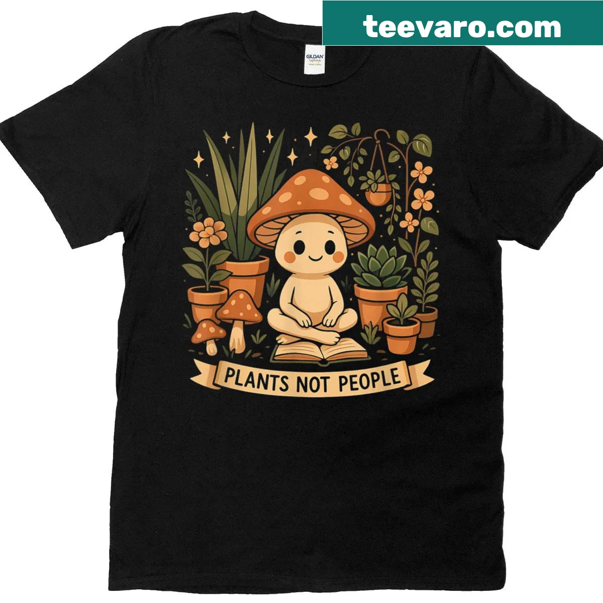 Funny mushroom graphic T-shirt with 'Plants Not People' text — on a men's t-shirt