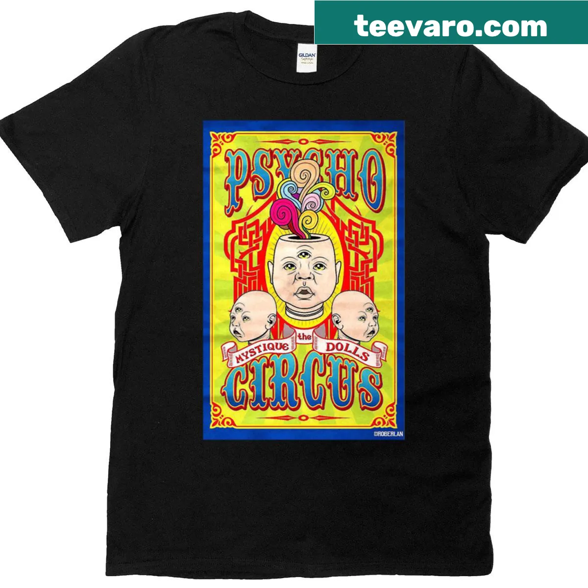 Circus-themed promotional poster T-shirt with vivid illustrations — on a men's t-shirt