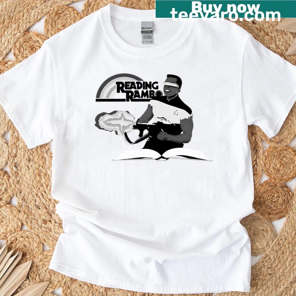 Playful graphic combining Rambo and Reading Rainbow themes on a t-shirt — on a men's t-shirt
