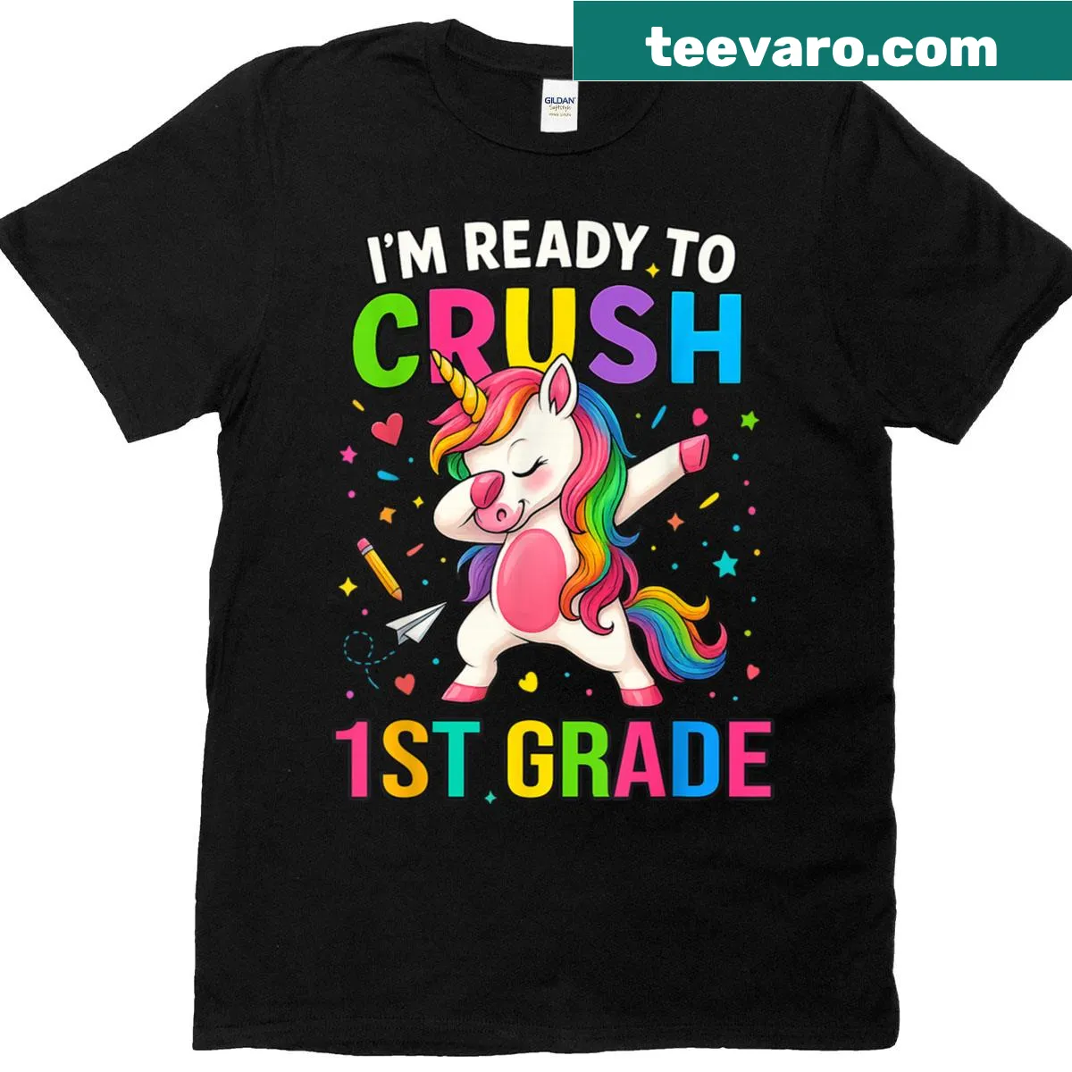 T-shirt with a dabbing unicorn graphic for kids starting 1st grade — on a men's t-shirt