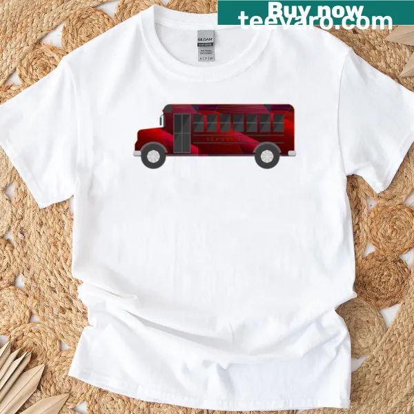Illustration of a vintage red bus on a t-shirt