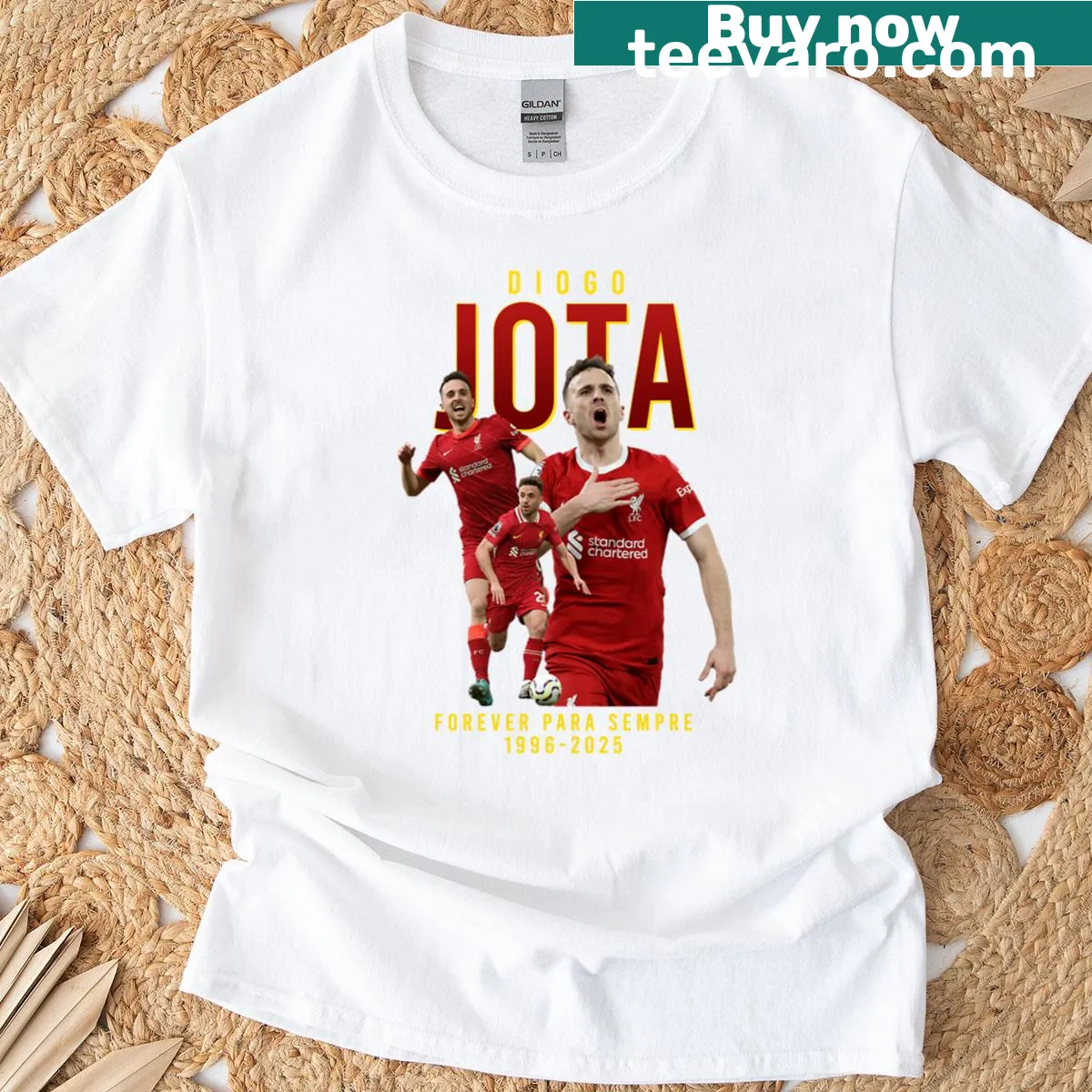 In memoriam design with 'Rest In Peace Diogo Jota 1996-2025' on a t-shirt — on a men's t-shirt