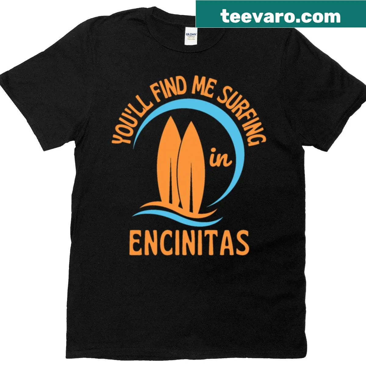 Surfing in Encinitas graphic on a T-shirt — on a men's t-shirt