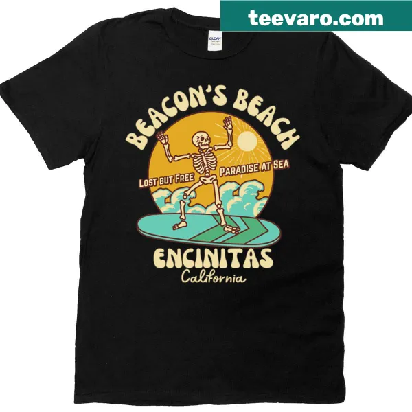 Beige text t-shirt with 'Skeleton Beach' and 'Encinitas California' design