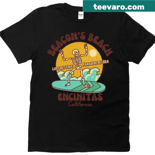 Brown text t-shirt with 'Skeleton Beach' and 'Encinitas California' design