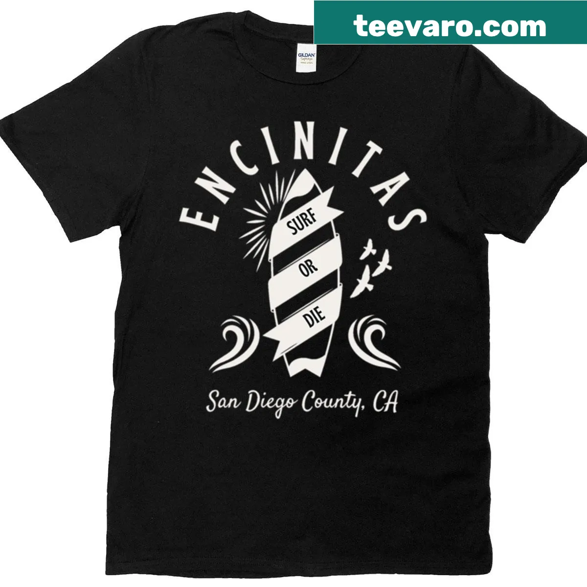 Vintage surfboard graphic on an Encinitas T-shirt — on a men's t-shirt